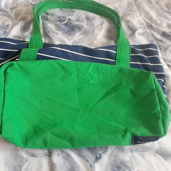 Ame & Lulu Charles River Navy White Stripe Kelly Green New Englander Tote Bag - Picture 6 of 14